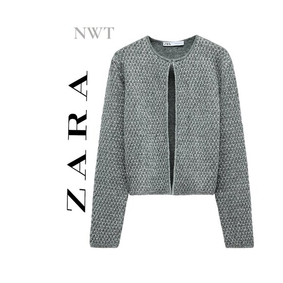 NWT Zara Silver Cardigan with Metallic Threads & Sequins Size XL - Picture 1 of 7